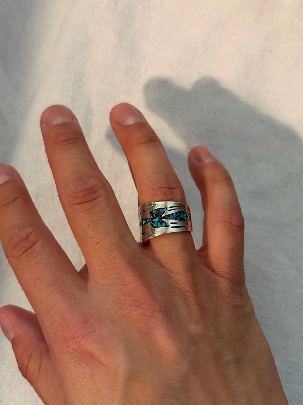 Vintage Navajo Sterling Silver Peyote Bird / Waterbird Chip Inlay Ring